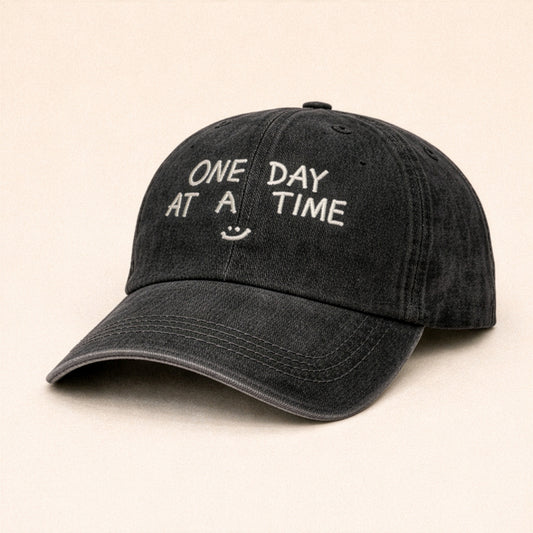 "One Day at a Time" Washed Cap in Black