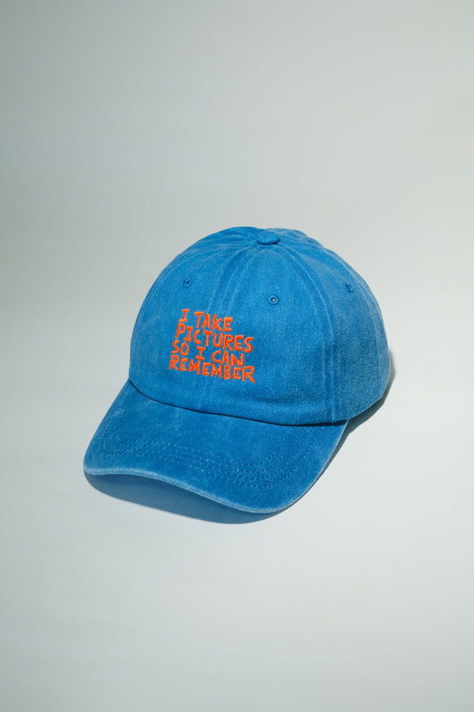 "I Take Pictures So I Can Remember" Cap in Aqua Blue
